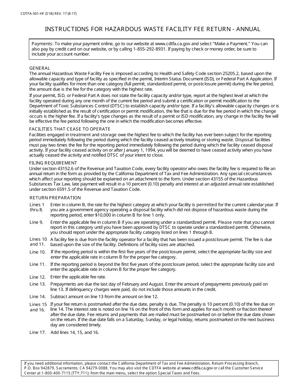 Form CDTFA-501-HF Hazardous Waste Facility Fee Return - Annual - California, Page 2