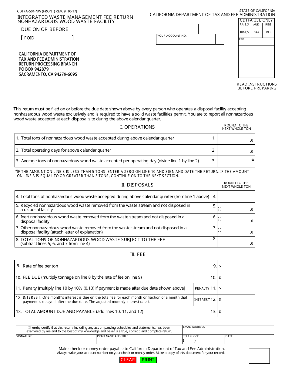 Form CDTFA-501-NW Integrated Waste Management Fee Return Nonhazardous Wood Waste Facility - California, Page 1