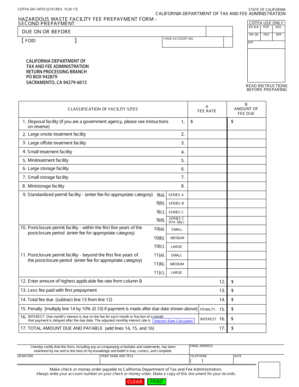 Form CDTFA-501-HFP2 Hazardous Waste Facility Fee Prepayment Form - Second Prepayment - California, Page 1