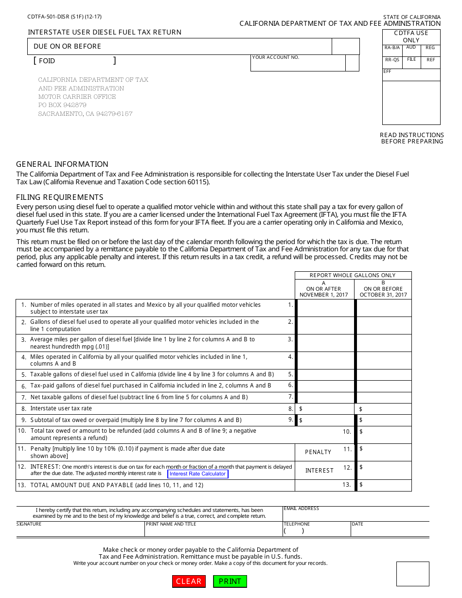 Form CDTFA-501-DISR Interstate User Diesel Fuel Tax Return - California, Page 1