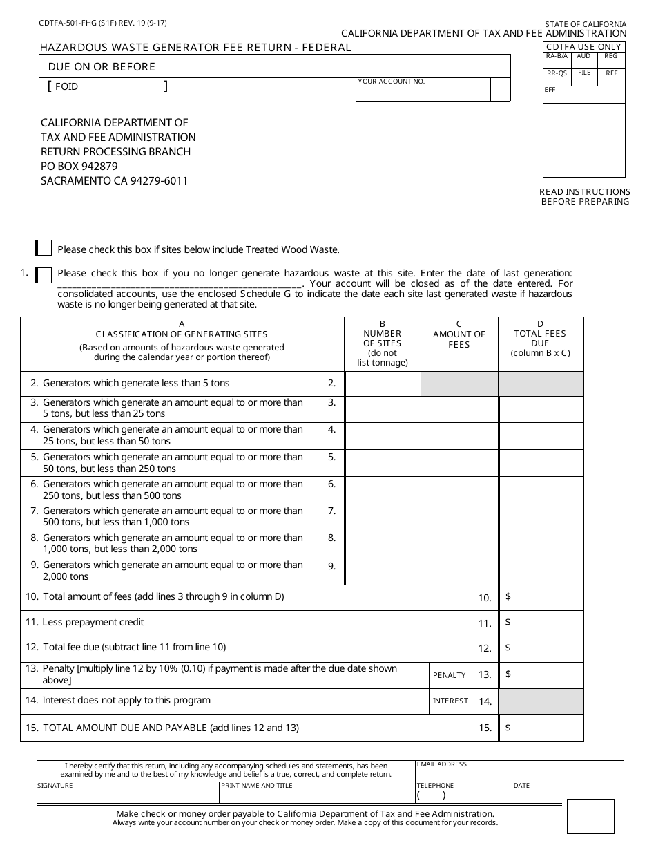 Form CDTFA-501-FHG Hazardous Waste Generator Fee Return - Federal - California, Page 1