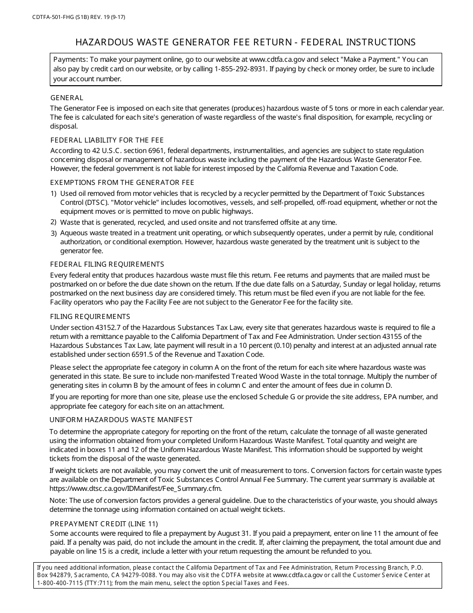 Form CDTFA-501-FHG Hazardous Waste Generator Fee Return - Federal - California, Page 2