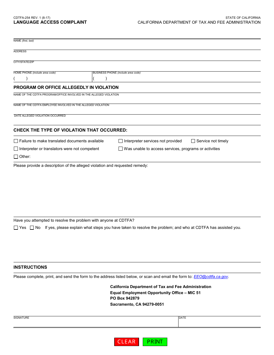 Form CDTFA-254 Language Access Complaint - California, Page 1