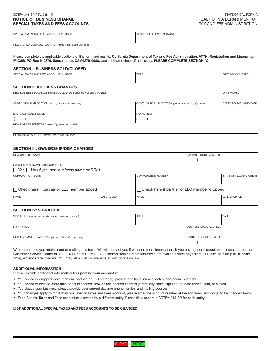 Form CDTFA-345-SP Notice of Business Change - Special Taxes and Fees Accounts - California, Page 1