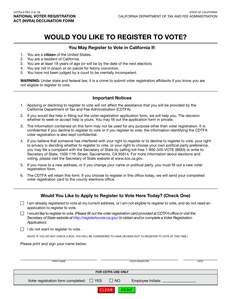 Form CDTFA-6 National Voter Registration Act (Nvra) Declination Form - California, Page 1