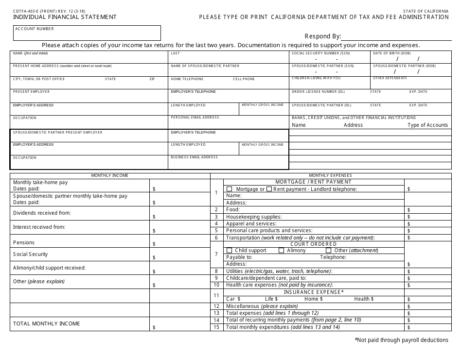 Form CDTFA-403-E Individual Financial Statement - California, Page 1