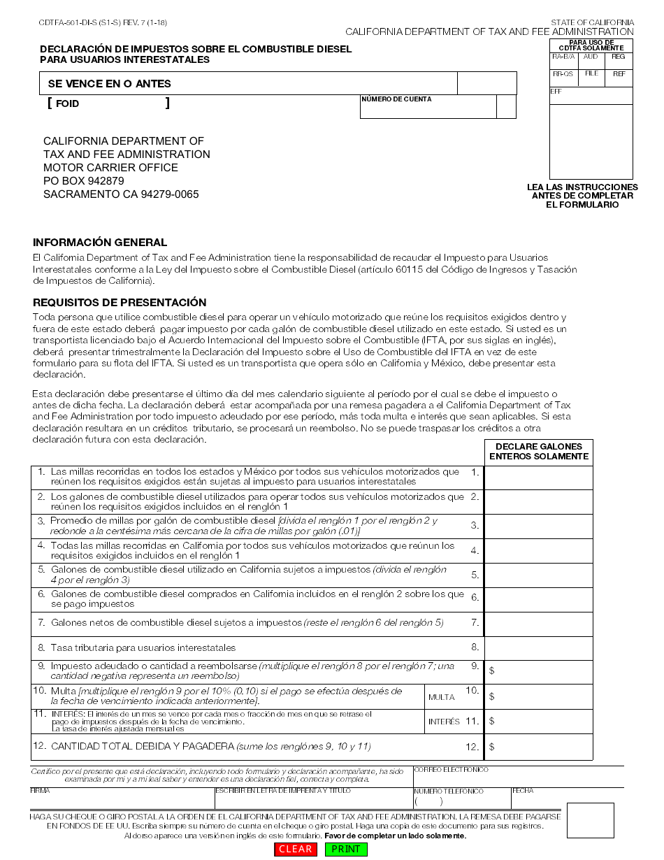 Formulario CDTFA-501-DI-S Declaracion De Impuestos Sobre El Combustible Diesel Para Usuarios Interestatales - California (Spanish), Page 1