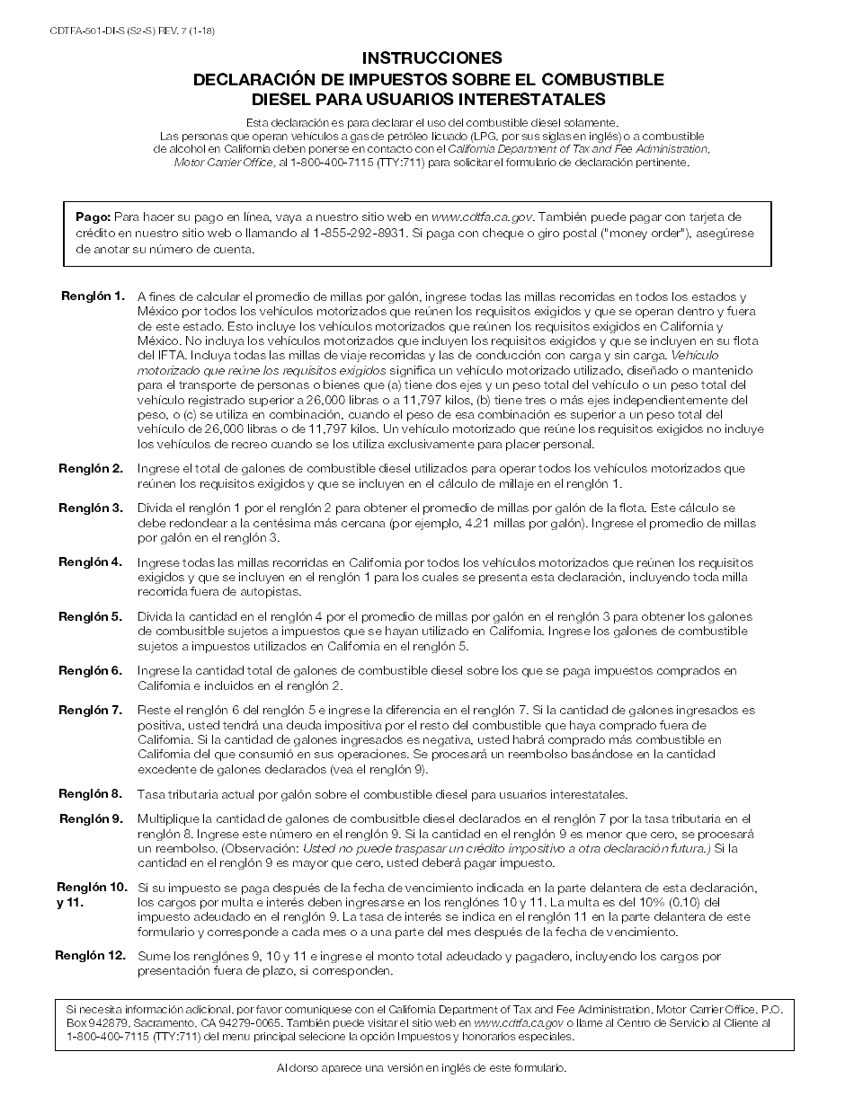 Formulario CDTFA-501-DI-S Declaracion De Impuestos Sobre El Combustible Diesel Para Usuarios Interestatales - California (Spanish), Page 2
