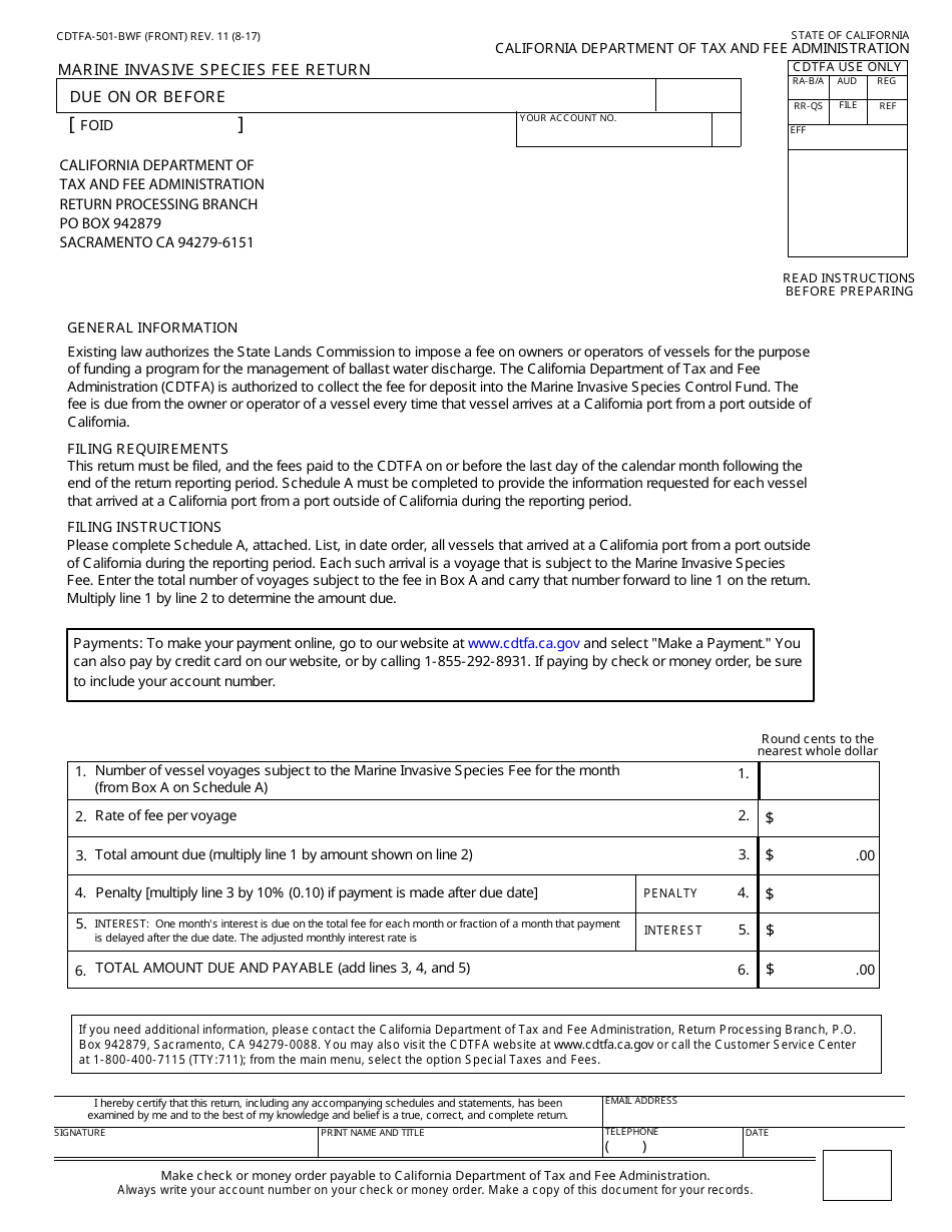 Form CDTFA-501-BWF Marine Invasive Species Fee Return - California, Page 1