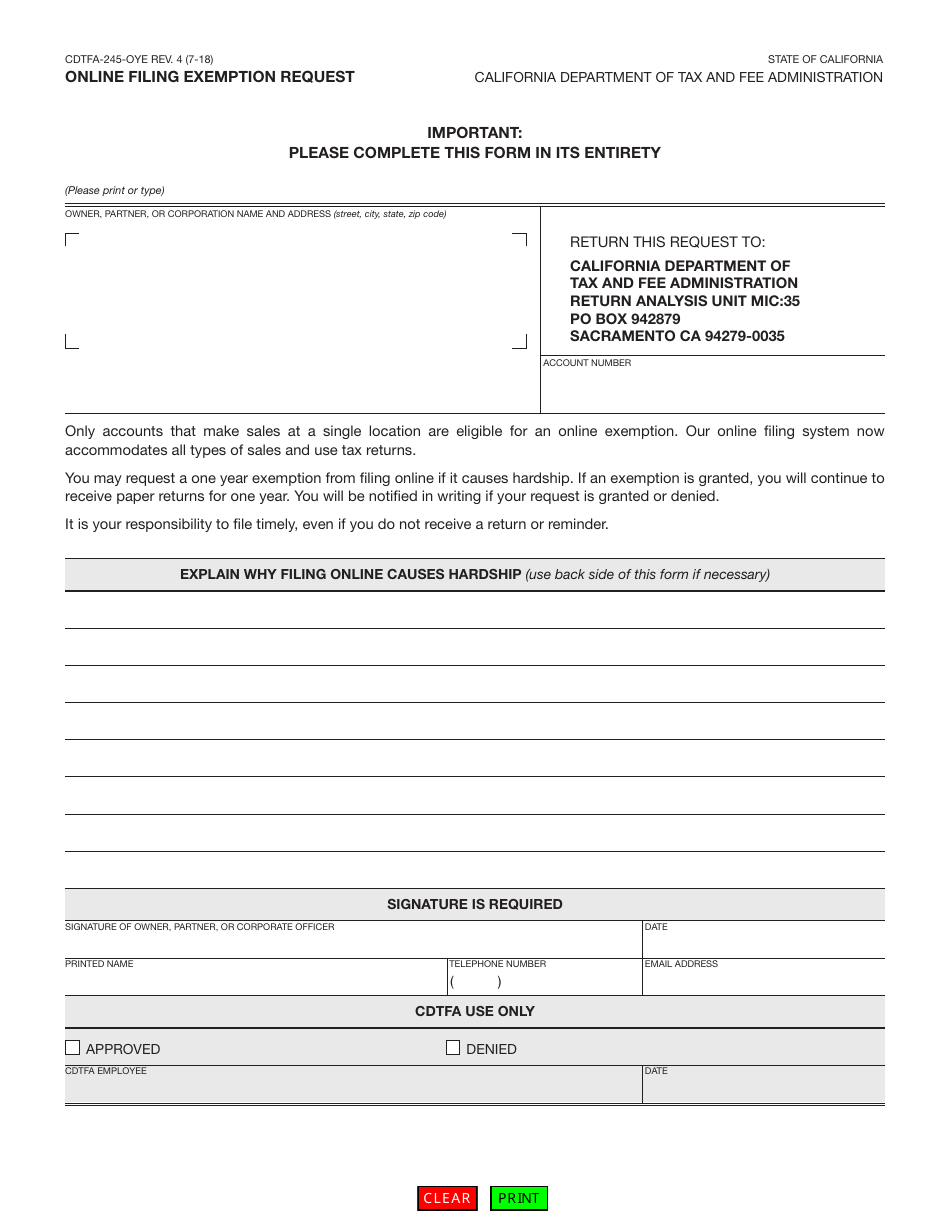 Form CDTFA-245-OYE - Fill Out, Sign Online and Download Fillable PDF ...