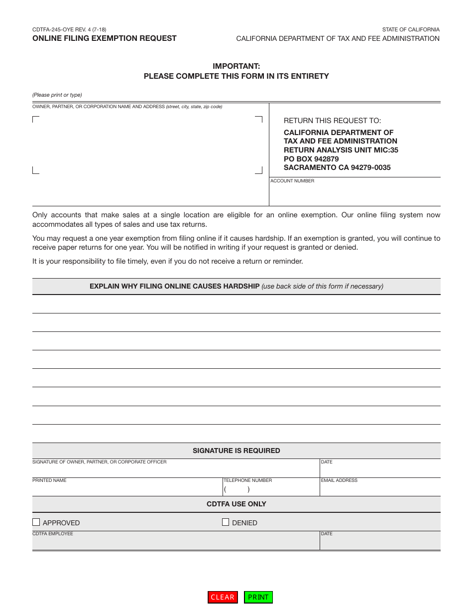 Form CDTFA-245-OYE Online Filing Exemption Request - California, Page 1