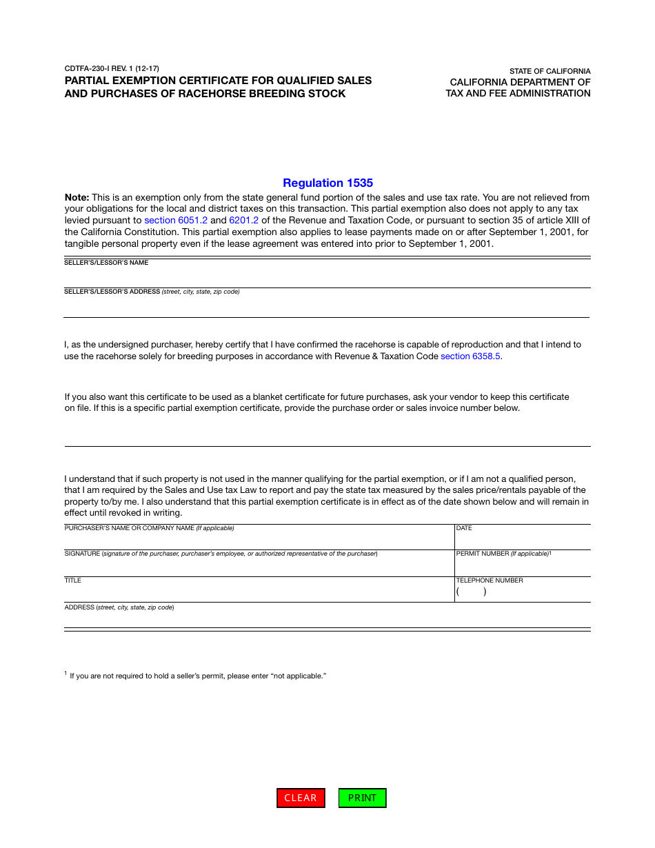 Form CDTFA-230-I Partial Exemption Certificate for Qualified Sales and Purchases of Racehorse Breeding Stock - California, Page 1