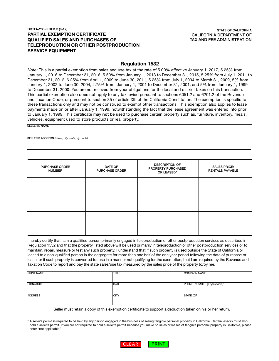Form CDTFA-230-K Partial Exemption Certificate Qualified Sales and Purchases of Teleproduction or Other Postproduction Service Equipment - California, Page 1