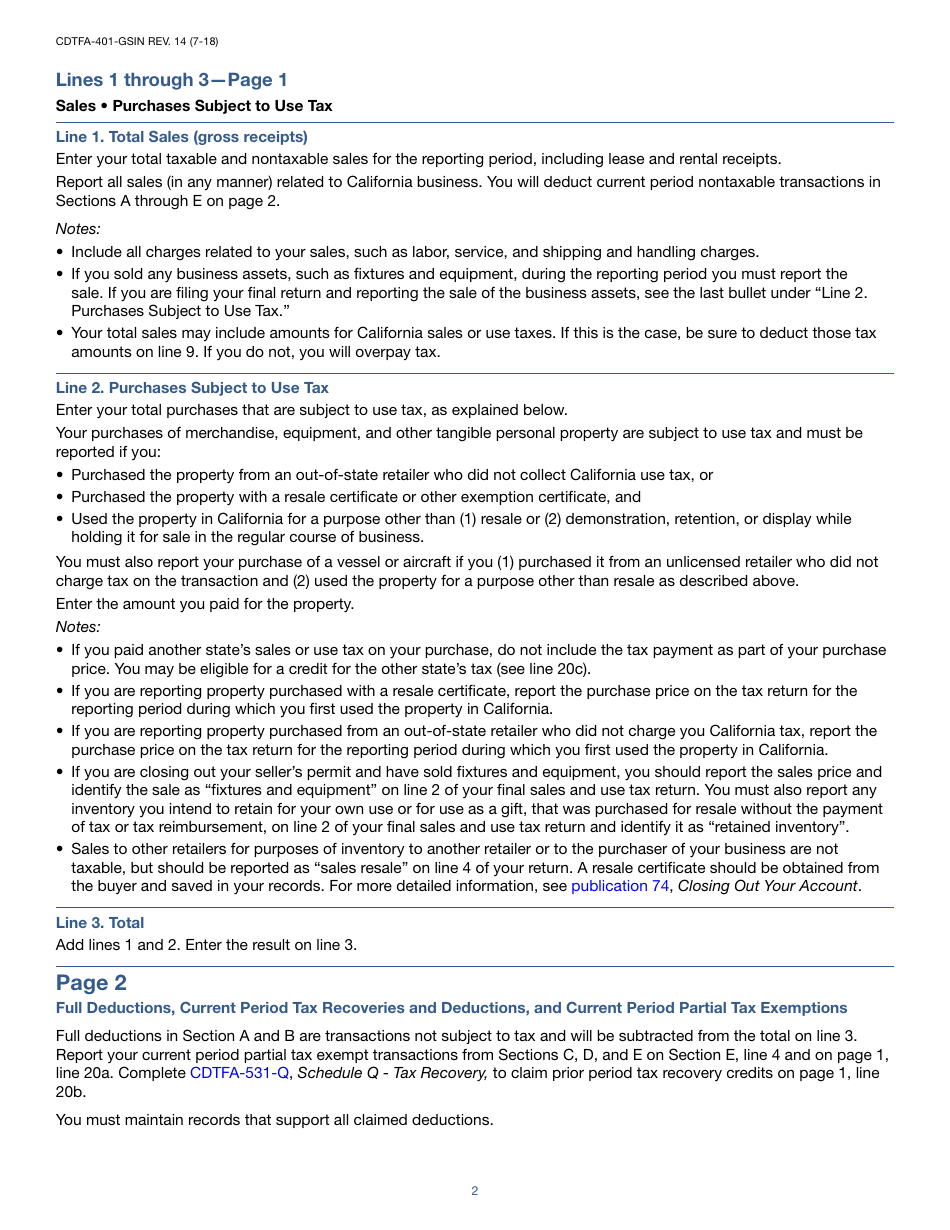 Instructions for Form CDTFA-401-GS State, Local, and District Sales and Use Tax Return - California, Page 2