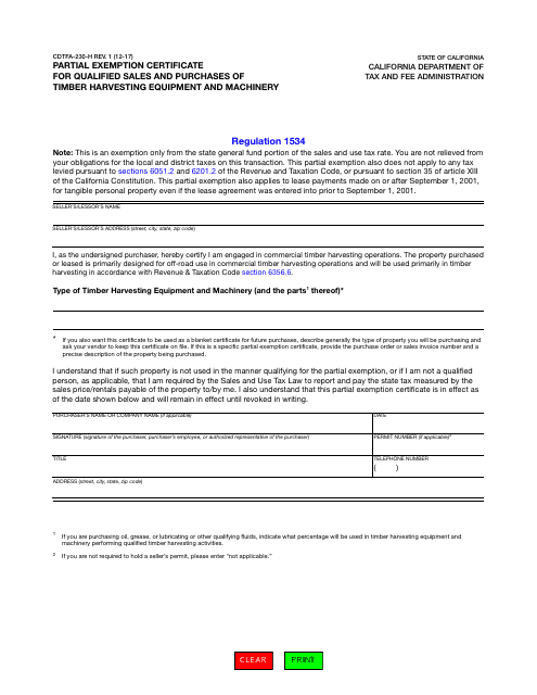 Form CDTFA-230-H Partial Exemption Certificate for Qualified Sales and Purchases of Timber Harvesting Equipment and Machinery - California