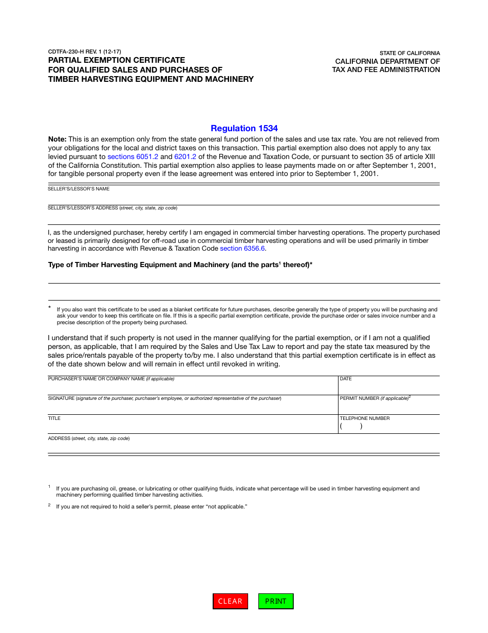 Form CDTFA-230-H Partial Exemption Certificate for Qualified Sales and Purchases of Timber Harvesting Equipment and Machinery - California, Page 1