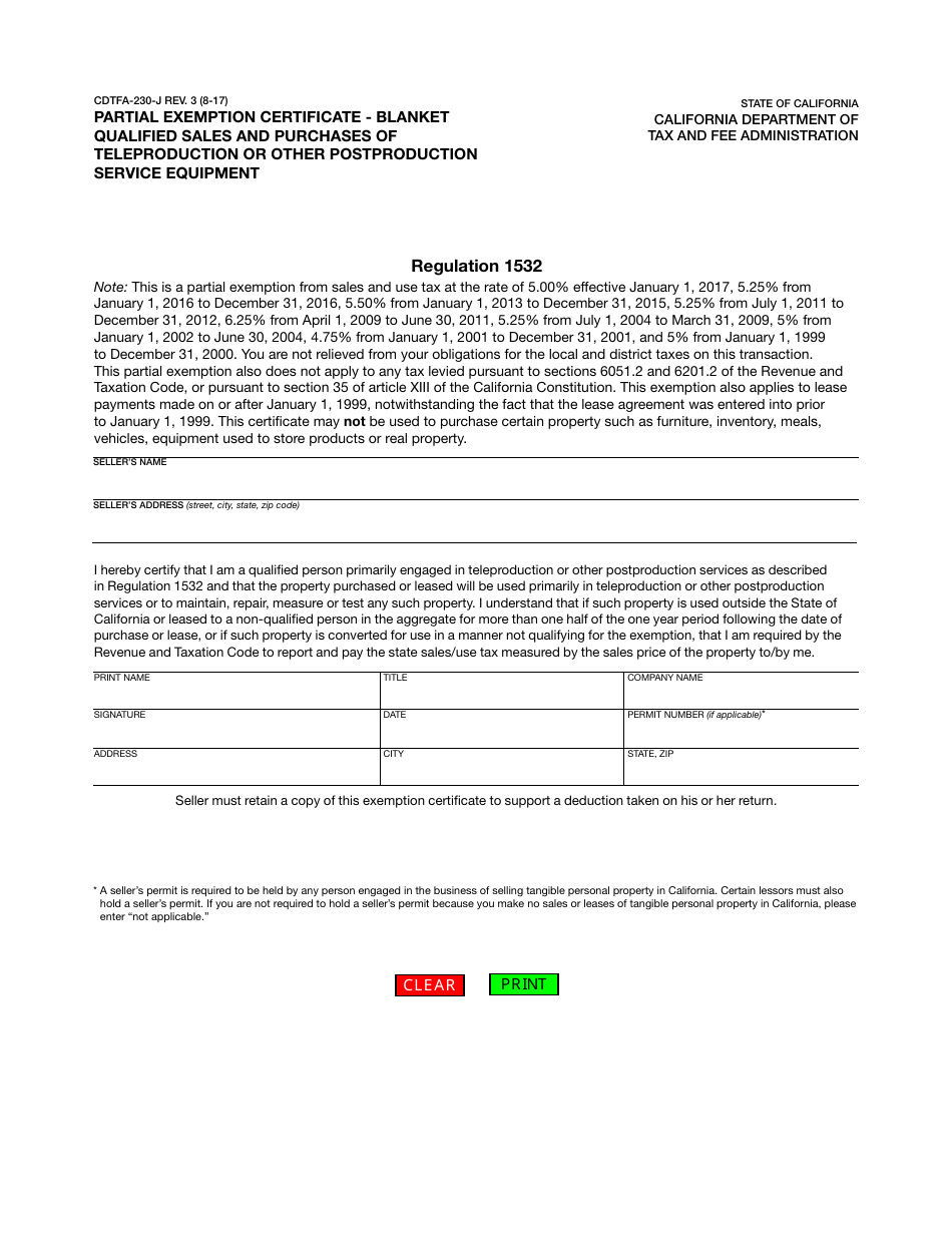 Form CDTFA-230-J Partial Exemption Certificate - Blanket Qualified Sales and Purchases of Teleproduction or Other Postproduction Service Equipment - California, Page 1