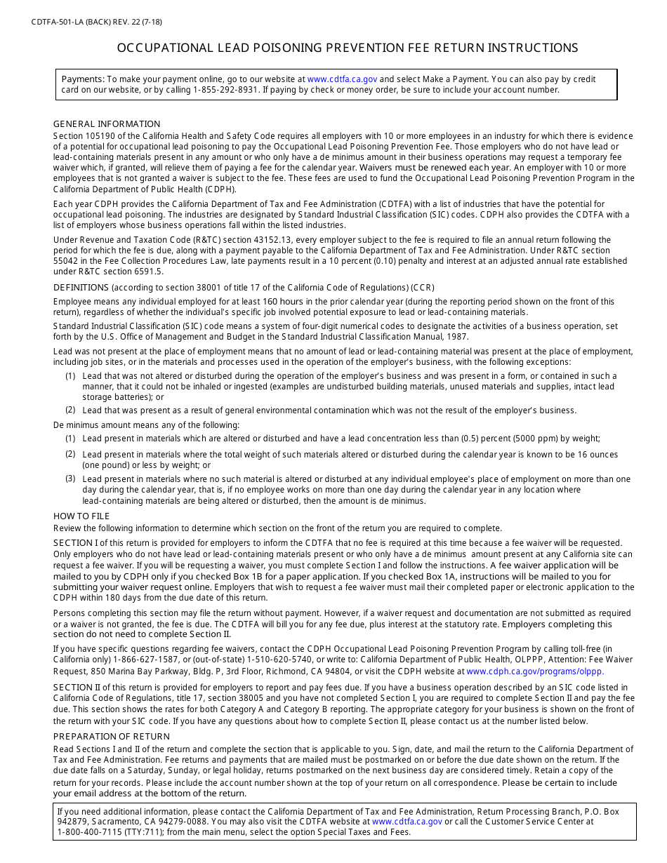Form CDTFA-501-LA Occupational Lead Poisoning Prevention Fee Return for Category a or b Reporting - California, Page 2
