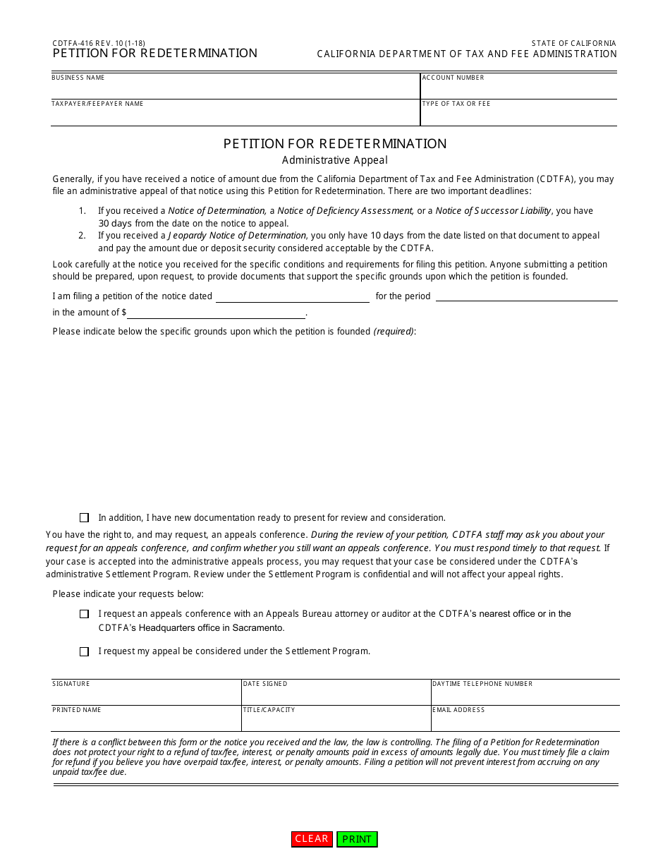Form CDTFA-416 Petition for Redetermination - California, Page 1