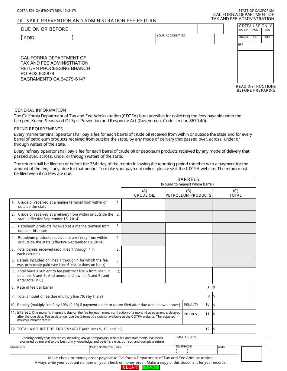 Form CDTFA-501-OA Oil Spill Prevention and Administration Fee Return - California, Page 1
