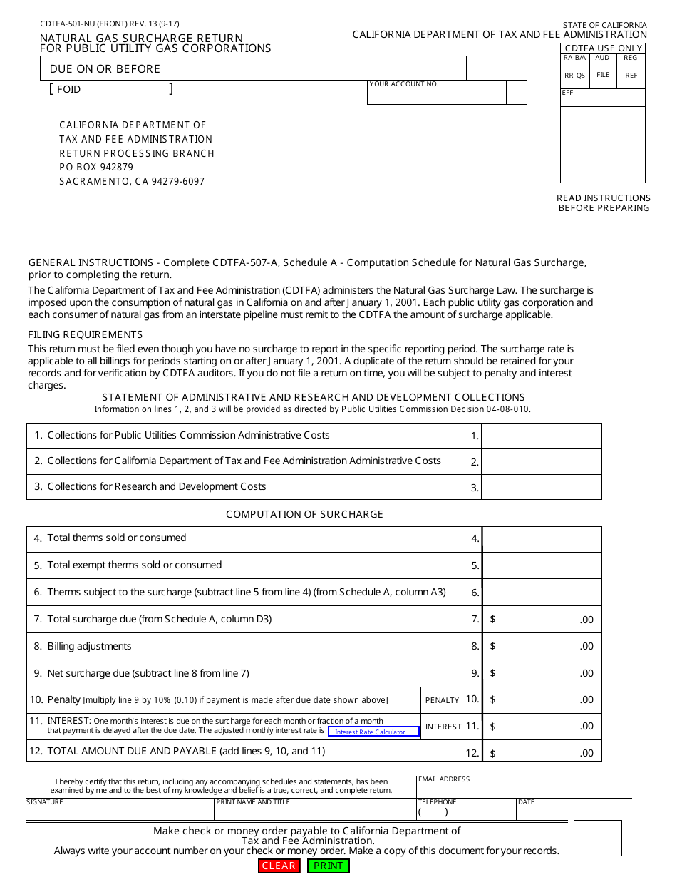 Form CDTFA-501-NU Natural Gas Surcharge Return for Public Utility Gas Corporations - California, Page 1