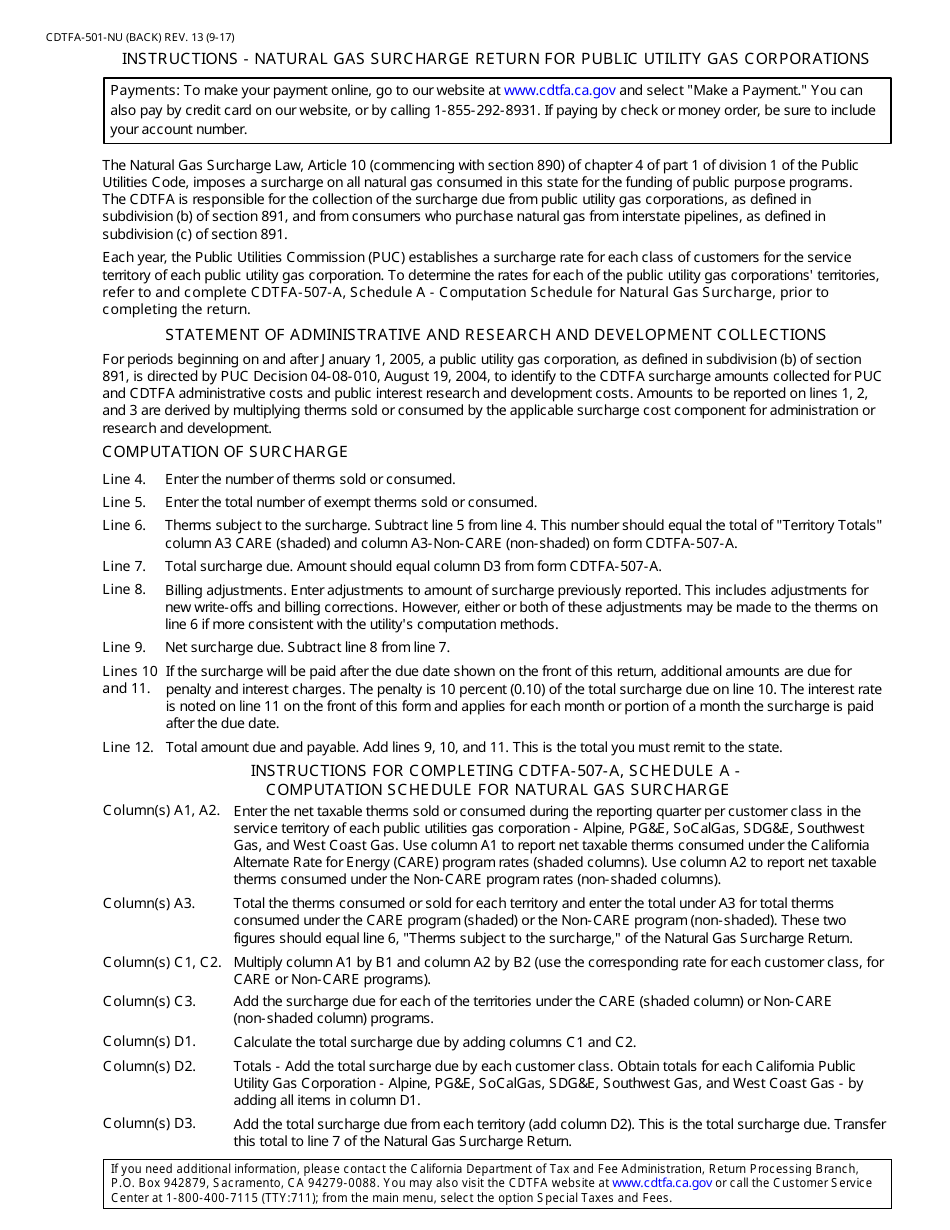 Form CDTFA-501-NU Natural Gas Surcharge Return for Public Utility Gas Corporations - California, Page 2