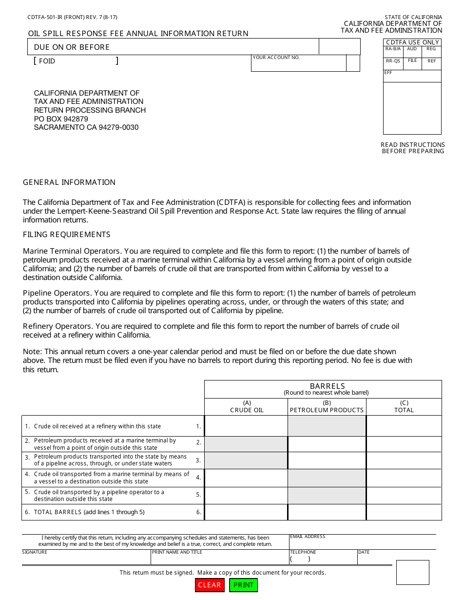 Form CDTFA-501-IR Oil Spill Response Fee Annual Information Return - California, Page 1
