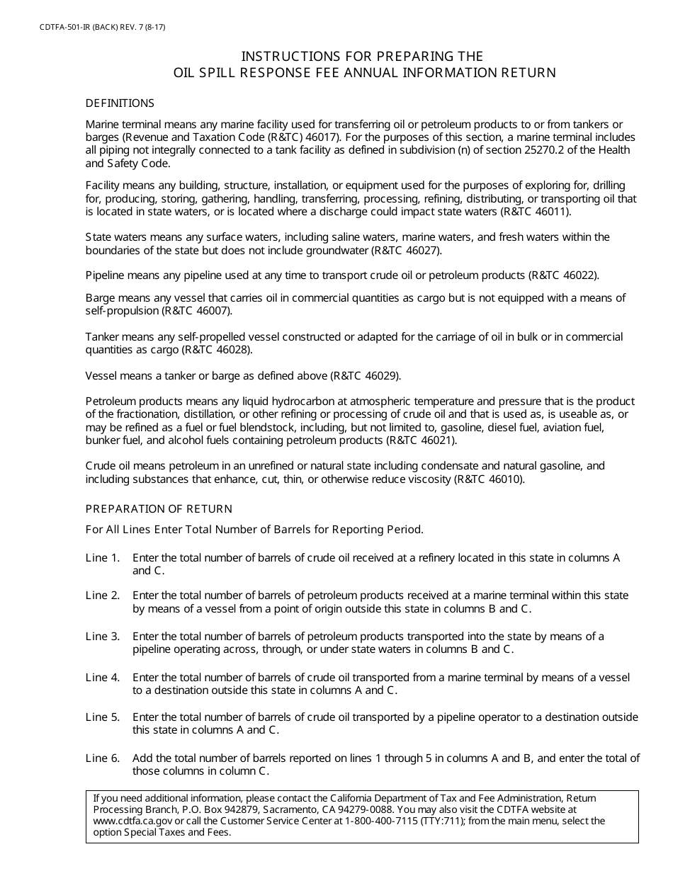 Form CDTFA-501-IR Oil Spill Response Fee Annual Information Return - California, Page 2