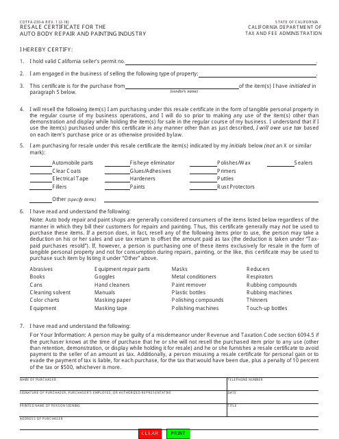Form CDTFA-230-A  Printable Pdf