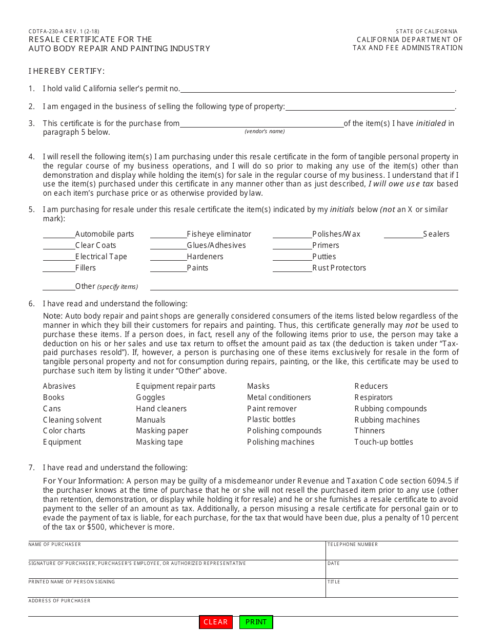 Form CDTFA-230-A Resale Certificate for the Auto Body Repair and Painting Industry - California, Page 1