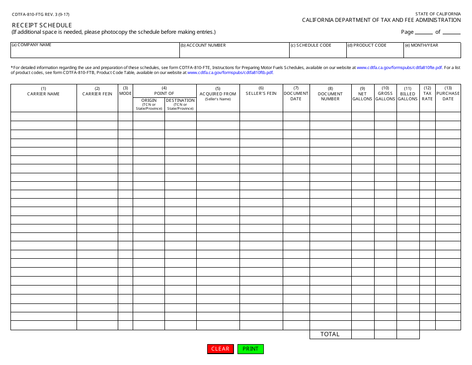 Form CDTFA-810-FTG Receipt Schedule - California, Page 1