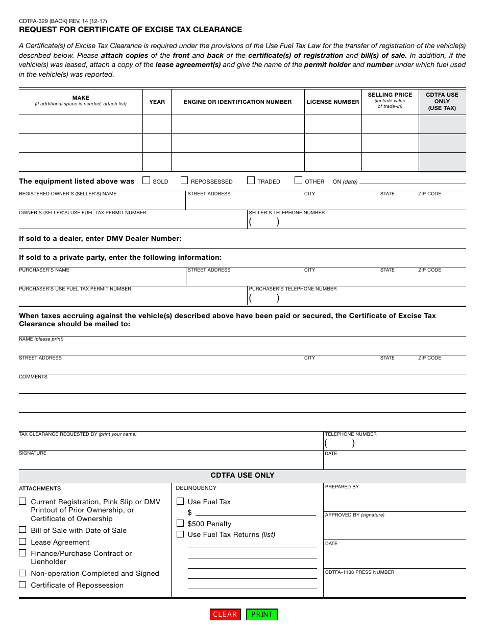 Form CDTFA-329 Request for Certificate of Excise Tax Clearance - California, Page 2
