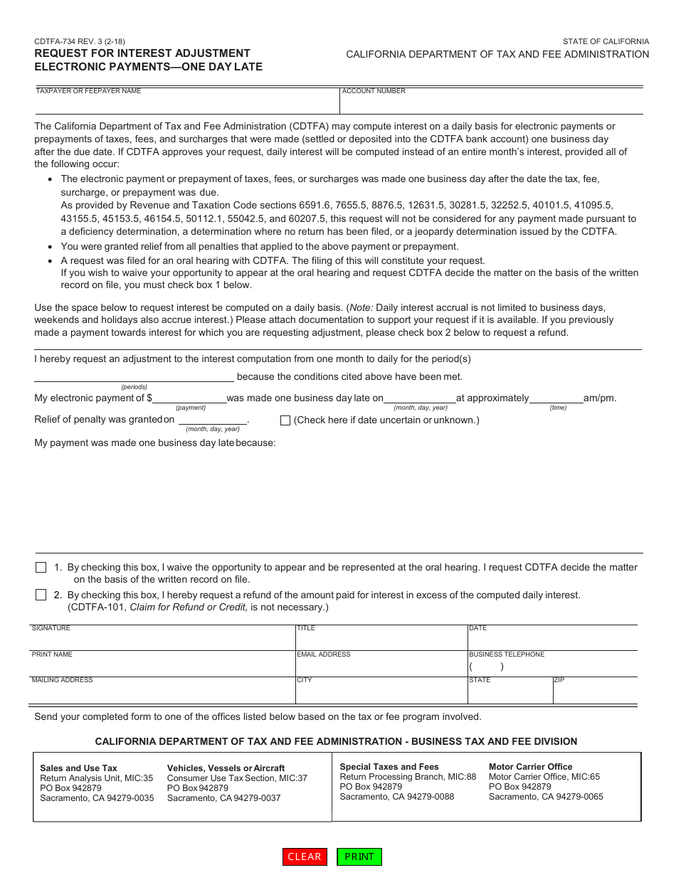 Form CDTFA-734 Request for Interest Adjustment Electronic Payments - One Day Late - California, Page 1
