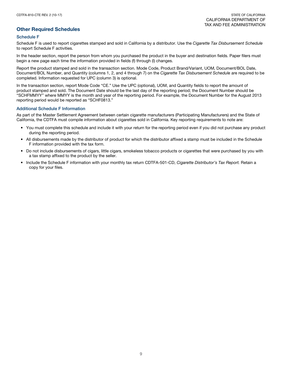 Instructions for Form CDTFA-810-CTE, CDTFA-501-CD Cigarette Distributors Tax Report - California, Page 10