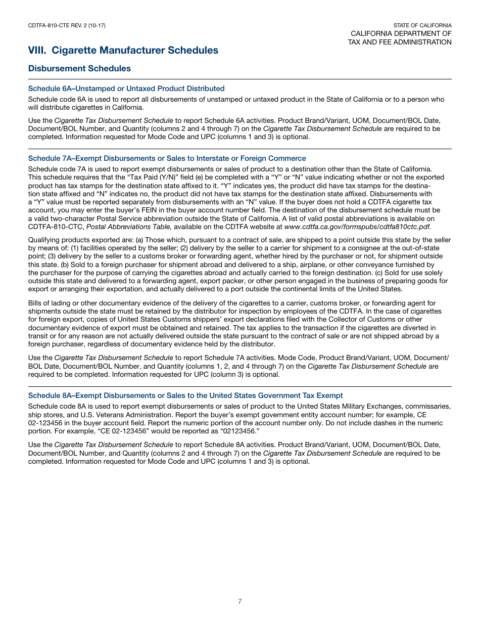 Instructions for Form CDTFA-810-CTE, CDTFA-501-CD Cigarette Distributors Tax Report - California, Page 8