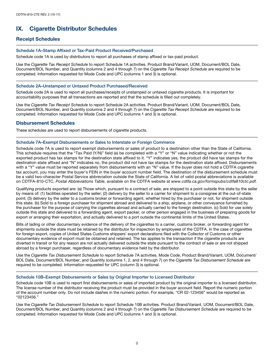 Instructions for Form CDTFA-810-CTE, CDTFA-501-CD Cigarette Distributors Tax Report - California, Page 9