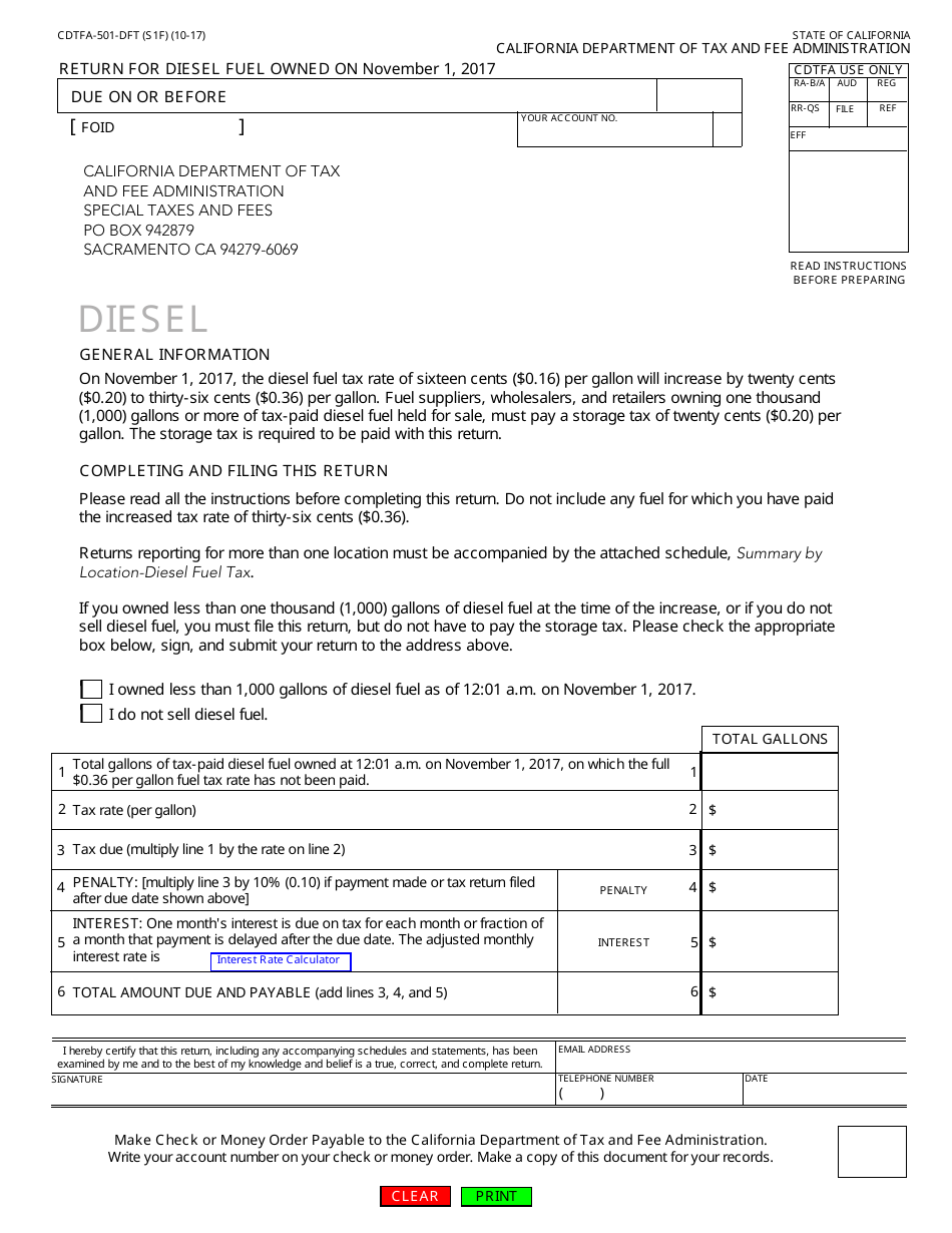 Form CDTFA-501-DFT Return for Diesel Fuel Owned on November 1, 2017 - California, Page 1