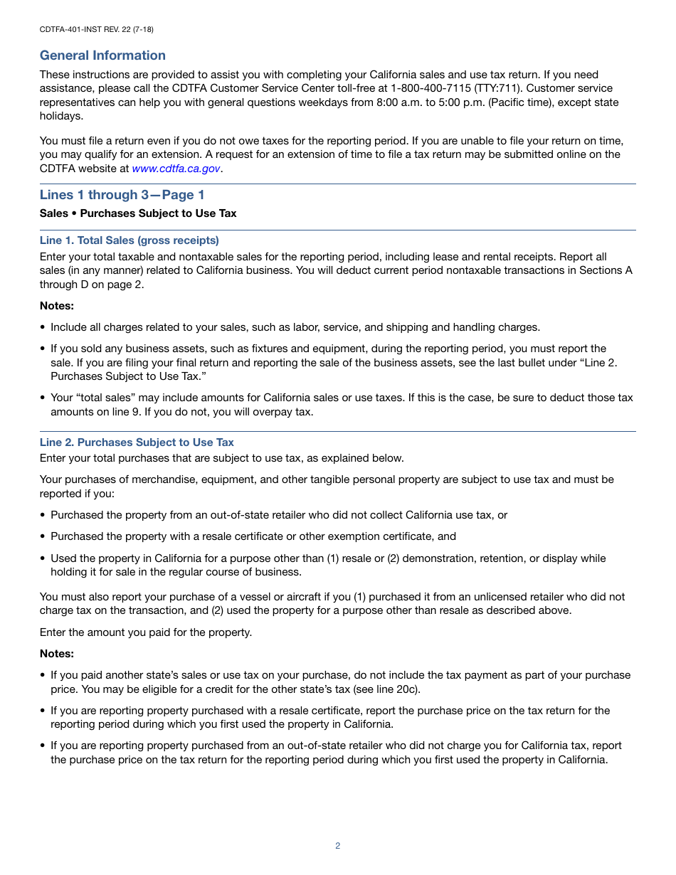 Instructions for Form CDTFA-401-A State, Local, and District Sales and Use Tax Return - California, Page 2