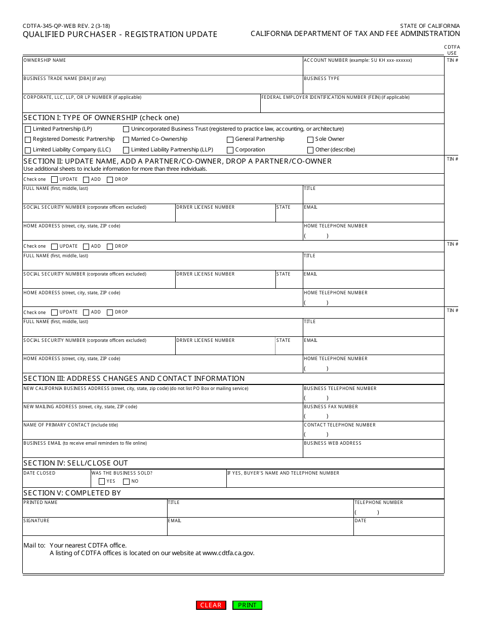 Form CDTFA-345-QP-WEB Qualified Purchaser - Registration Update - California, Page 1