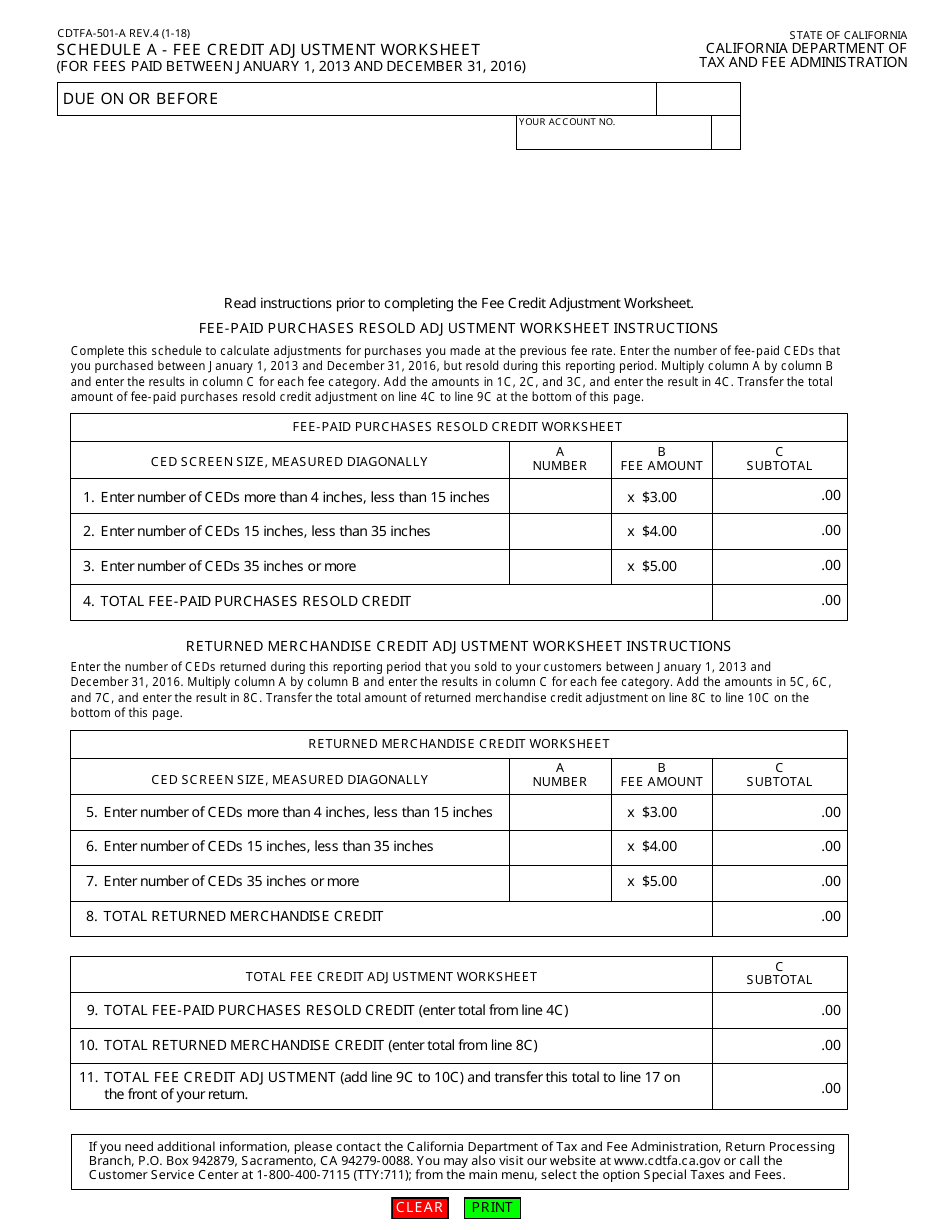Form CDTFA-501-A Schedule A Fee Credit Adjustment Worksheet - California, Page 1