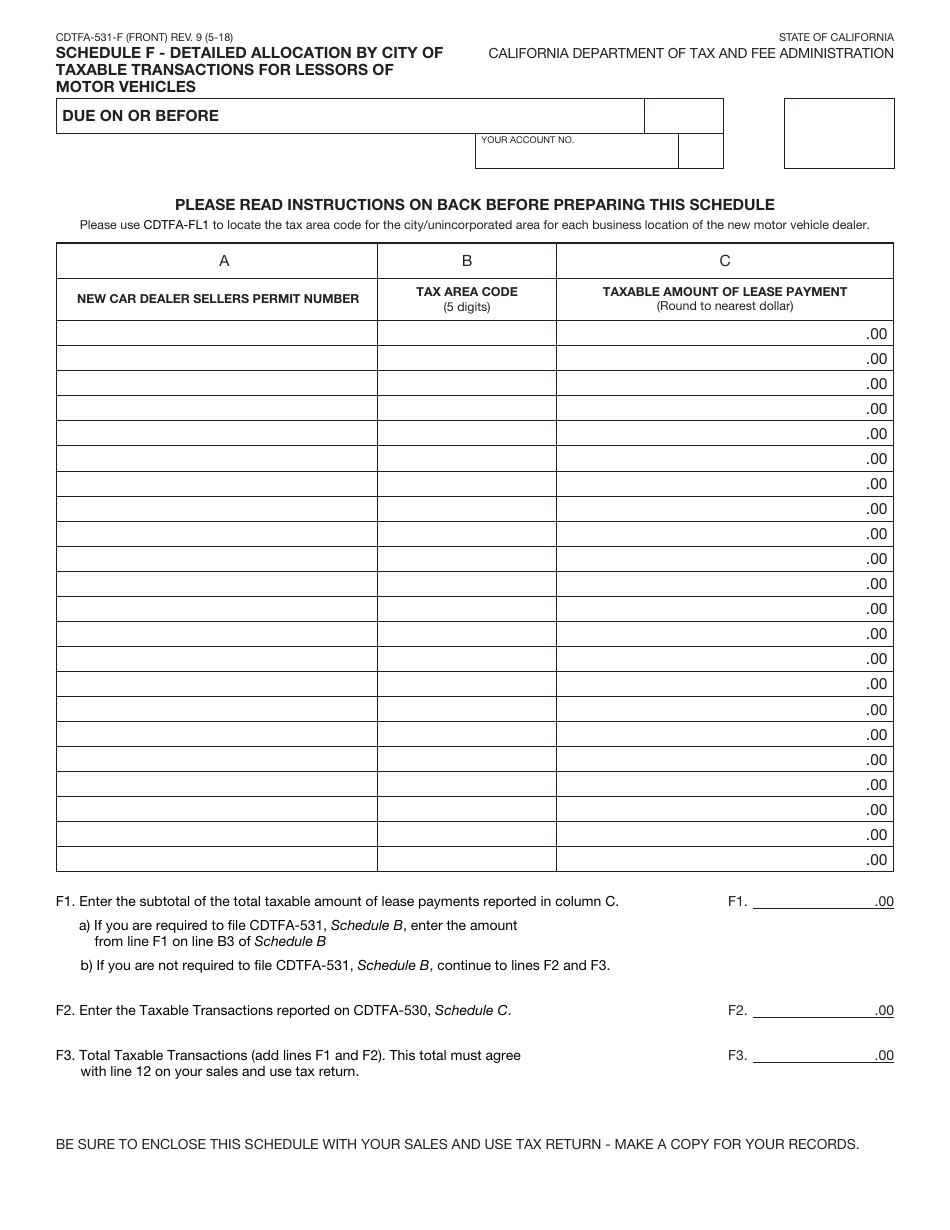 Form CDTFA-531-F Schedule F Detailed Allocation by City of Taxable Transactions for Lessors of Motor Vehicles - California, Page 1