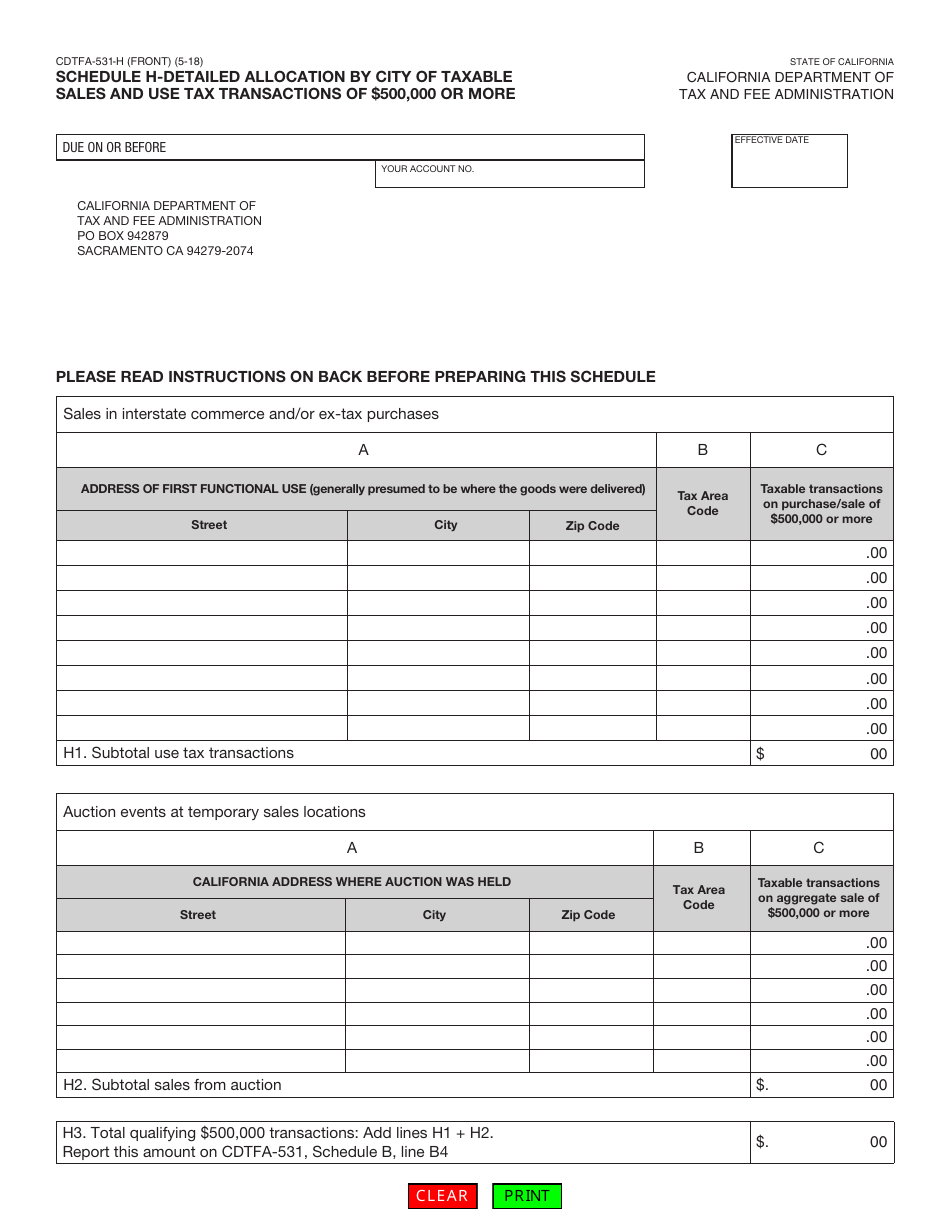 Form CDTFA-531-H Schedule H Detailed Allocation by City of Taxable Sales and Use Tax Transactions of $500,000 or More - California, Page 1