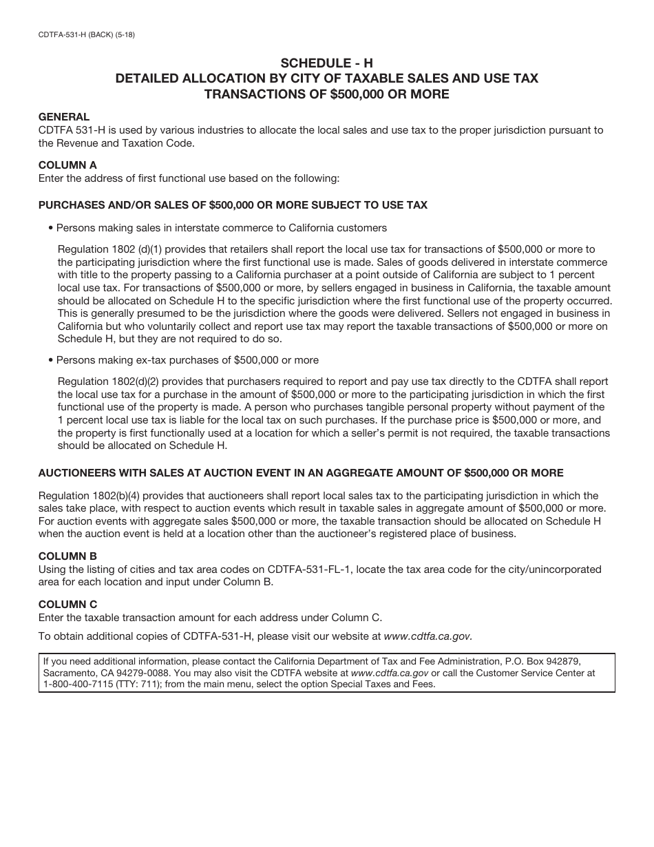 Form CDTFA-531-H Schedule H Detailed Allocation by City of Taxable Sales and Use Tax Transactions of $500,000 or More - California, Page 2
