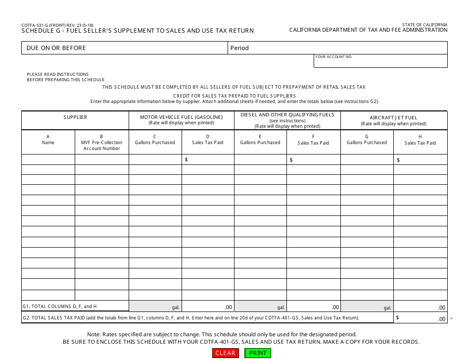 Form CDTFA-531-G Schedule G Fuel Sellers Supplement to Sales and Use Tax Return - California, Page 1