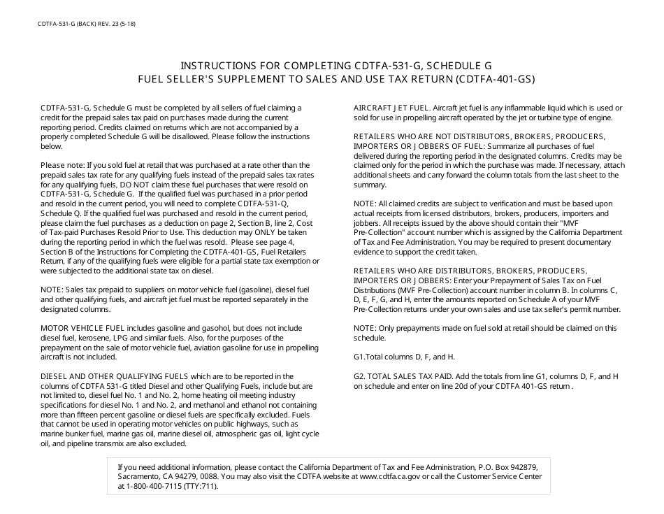 Form CDTFA-531-G Schedule G Fuel Sellers Supplement to Sales and Use Tax Return - California, Page 2