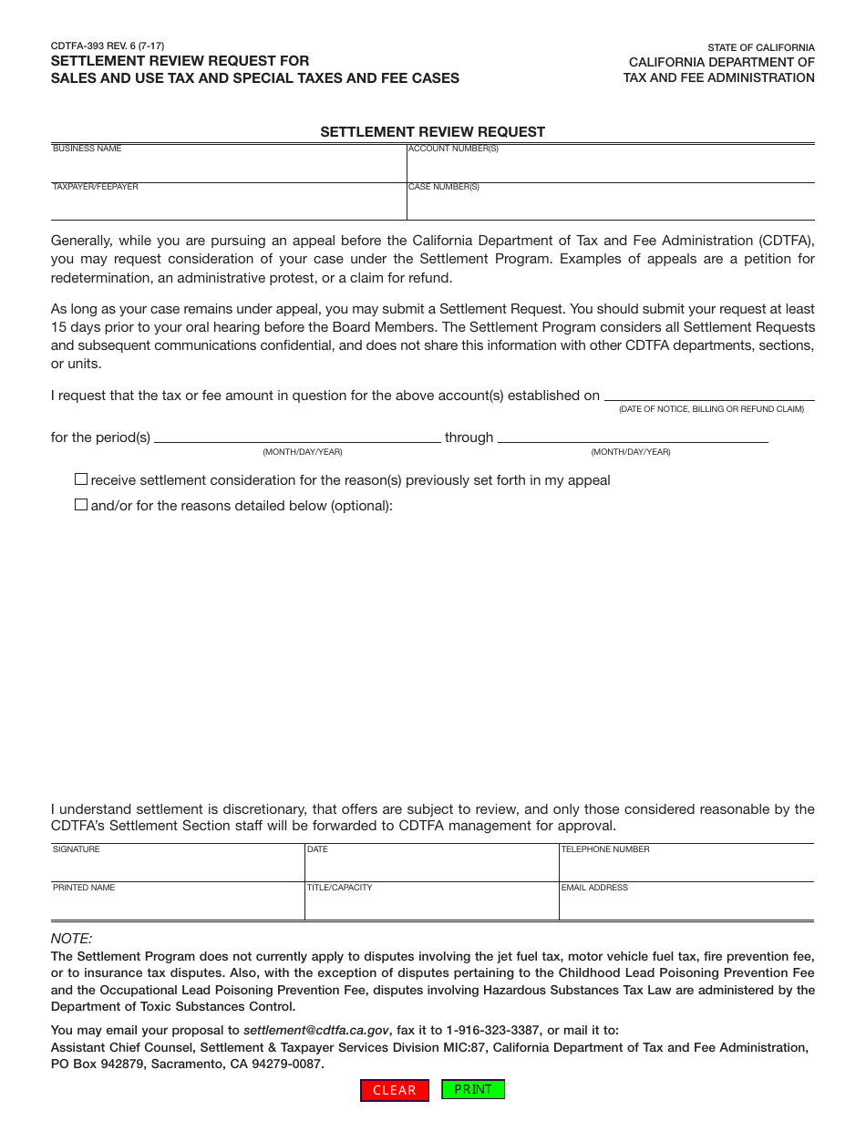 Form CDTFA-393 Settlement Review Request for Sales and Use Tax and Special Taxes and Fee Cases - California, Page 1