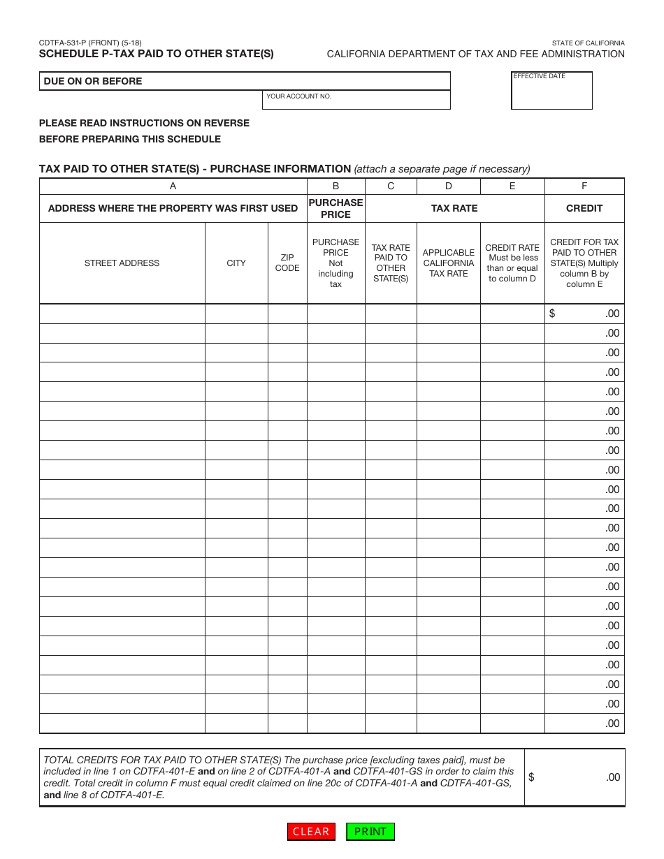 Form CDTFA-531-P Schedule P Tax Paid to Other State(S) - California, Page 1