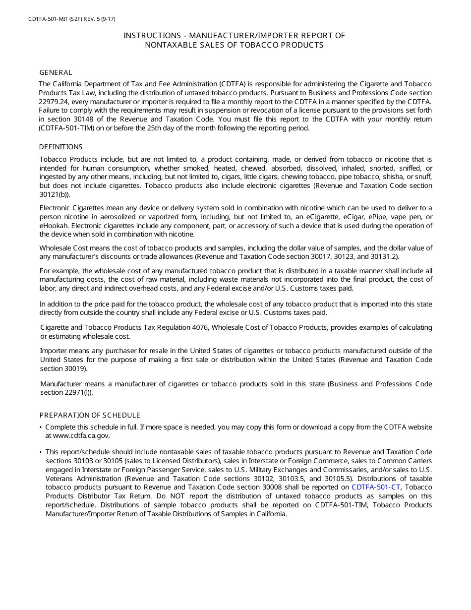 Form CDTFA-501-MIT Schedule - Manufacturer / Importer Report of Nontaxable Sales of Tobacco Products - California, Page 3
