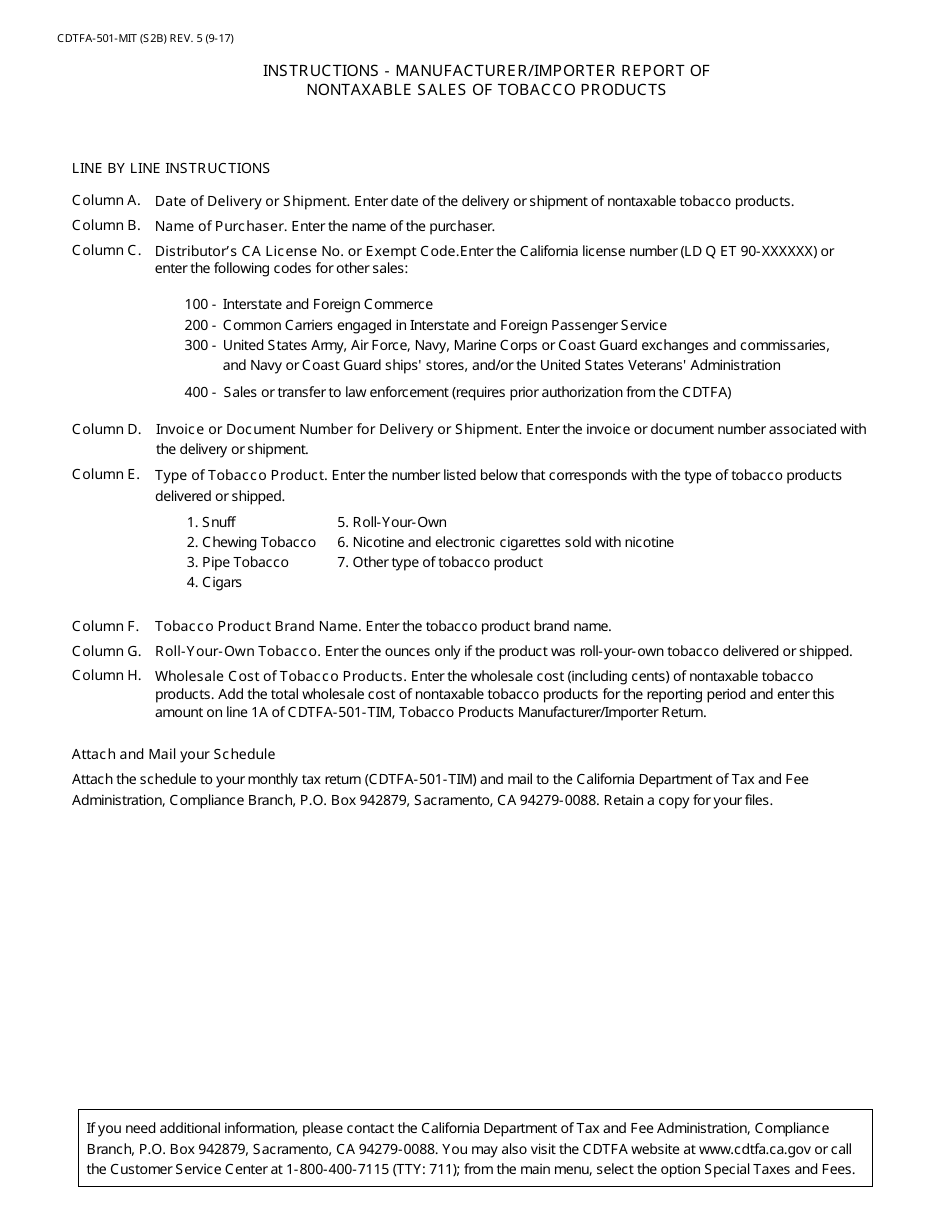 Form CDTFA-501-MIT Schedule - Manufacturer / Importer Report of Nontaxable Sales of Tobacco Products - California, Page 4