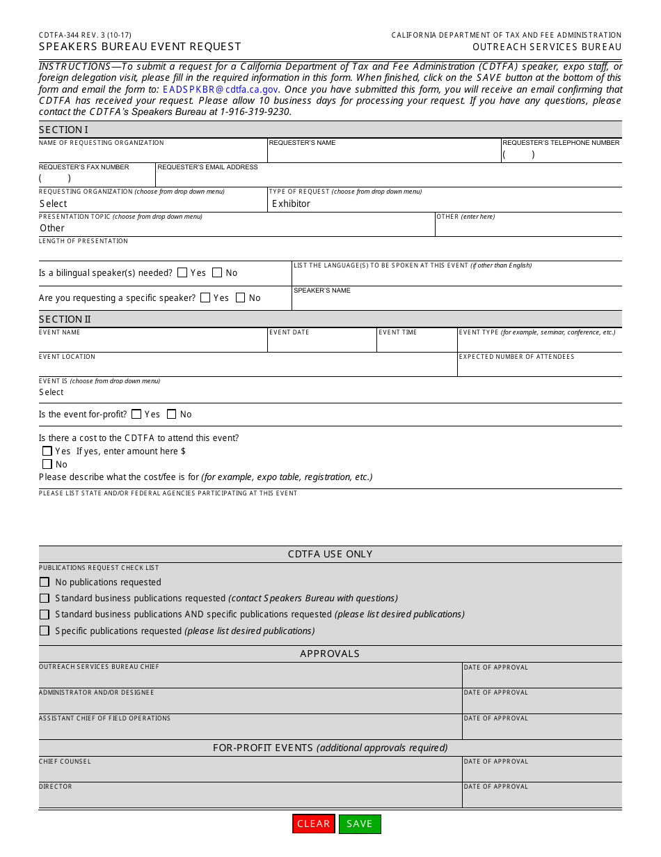Form CDTFA-344 Speakers Bureau Event Request - California, Page 1
